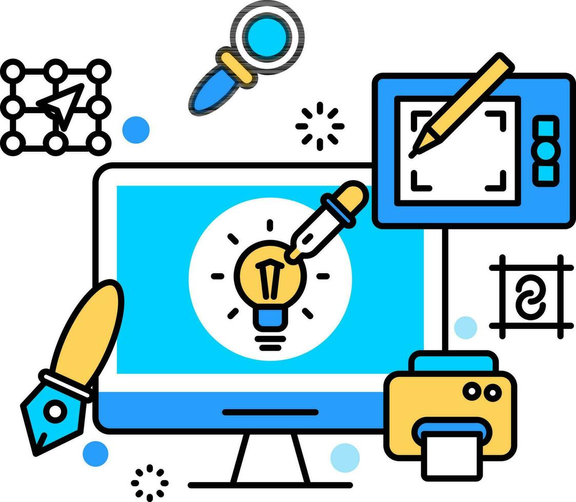 Designing tools like as select cursor, zoom lens, light color picker, pen tool, grid link software in computer screen with pen tab and printer icon. vector