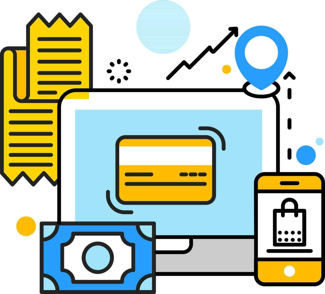 Online shopping shop with location center, payment card, receipt voucher, laptop and smartphone icon. vector