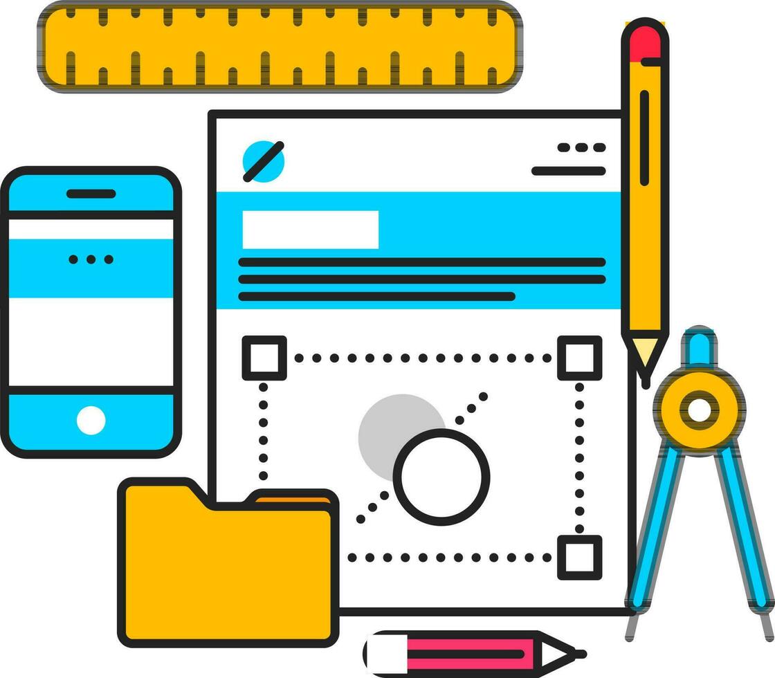 Education or designing tools like as pencil, drawing compass, ruler, file folder with paper and smartphone icon. vector