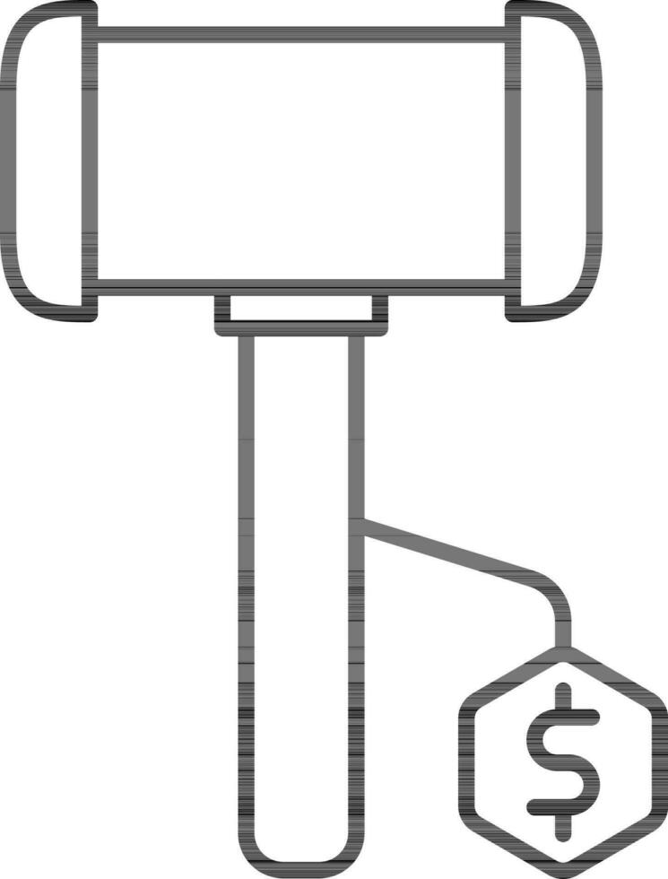 Black line art illustration of Money with judge hammer icon. vector