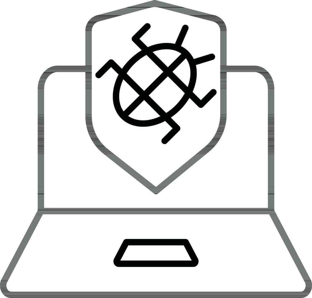 Warning virus detected message in laptop screen icon in black line art. vector
