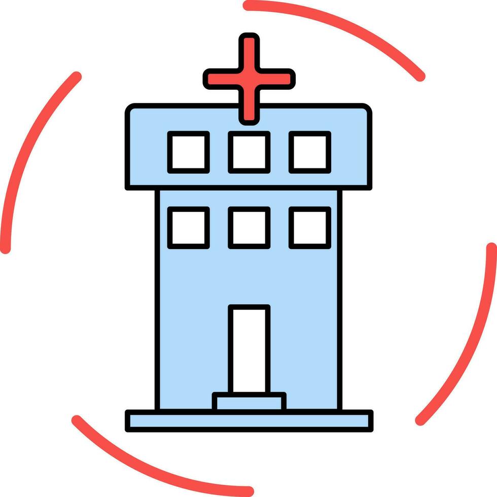 Blue Hospital building icon on red circle background. vector