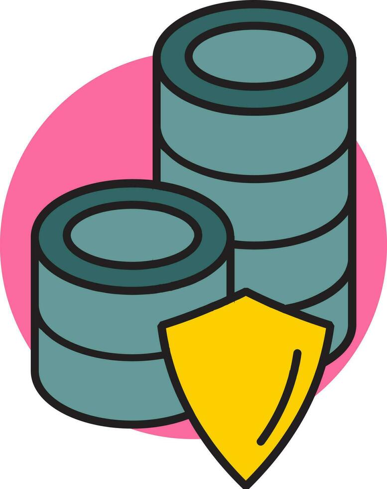Green Database with Yellow Shield icon on Pink Circle Shape. vector