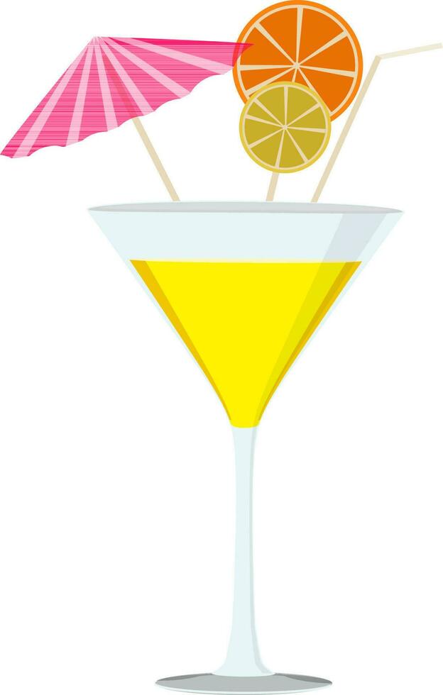 Lemon slice, umbrella and straw decorated cocktail glass. vector