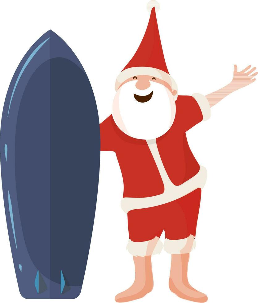 Happy santa claus holding blue surfboard. vector