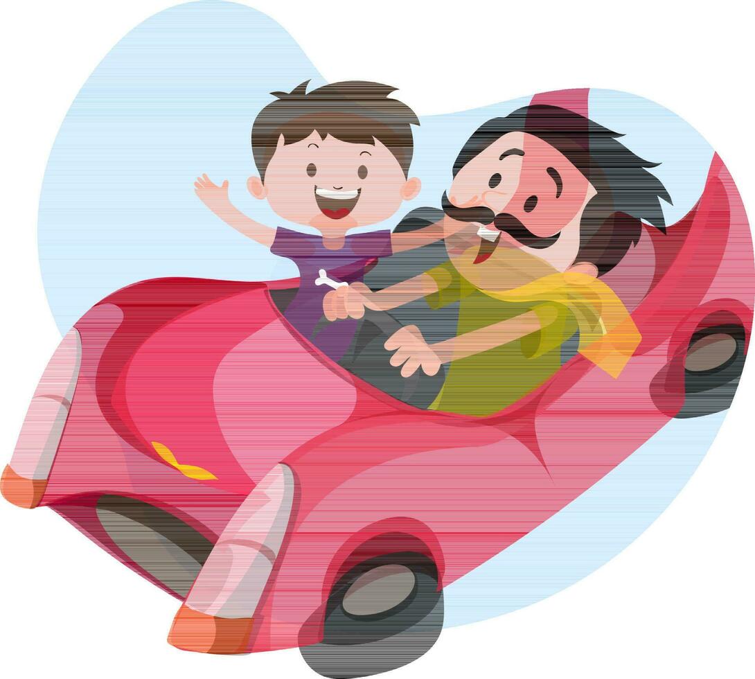 Character of happy child with man driving a pink car in sticker. vector