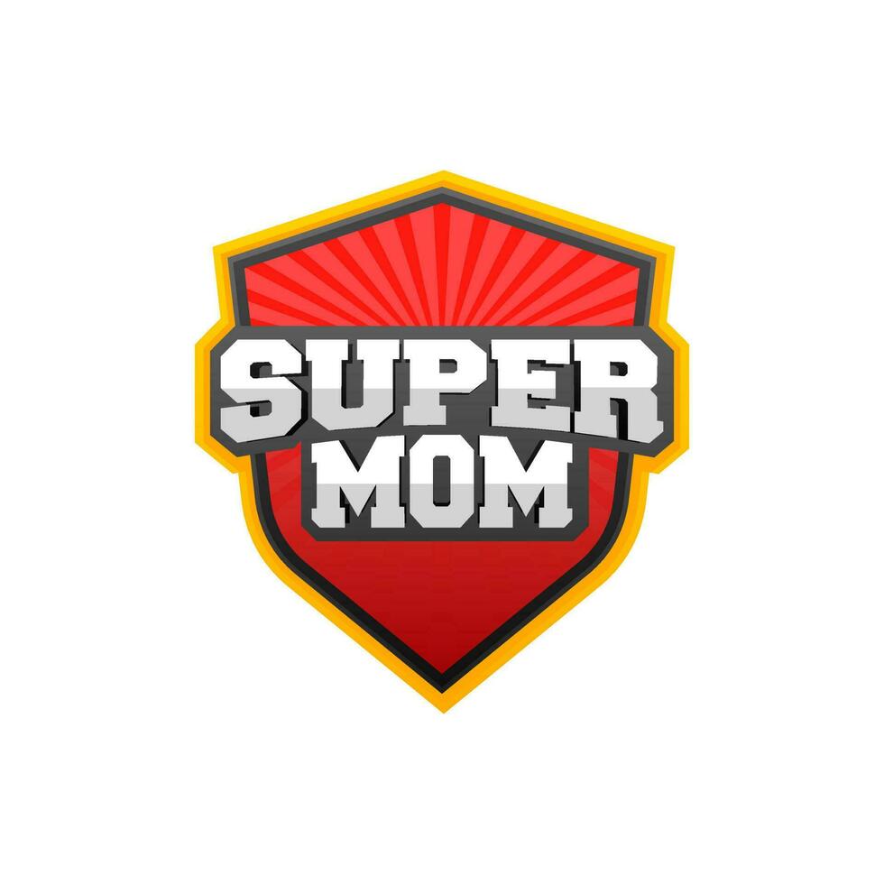 Glossy gray text Supermom on red rays shield. vector