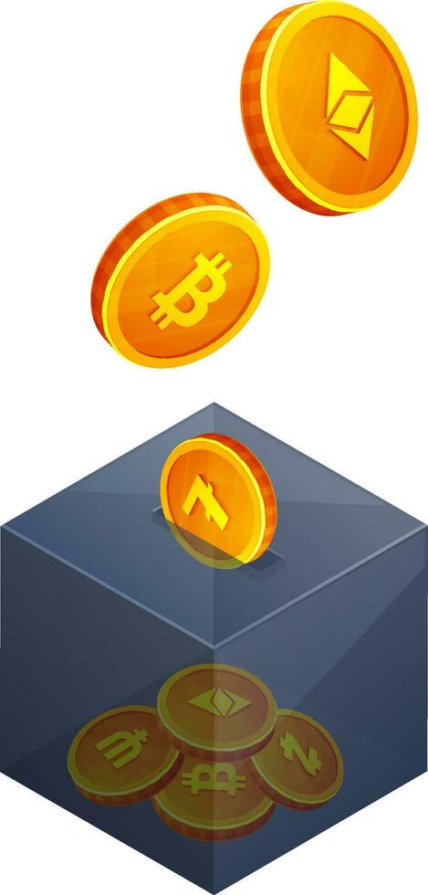 Grey box with glossy golden coins. vector