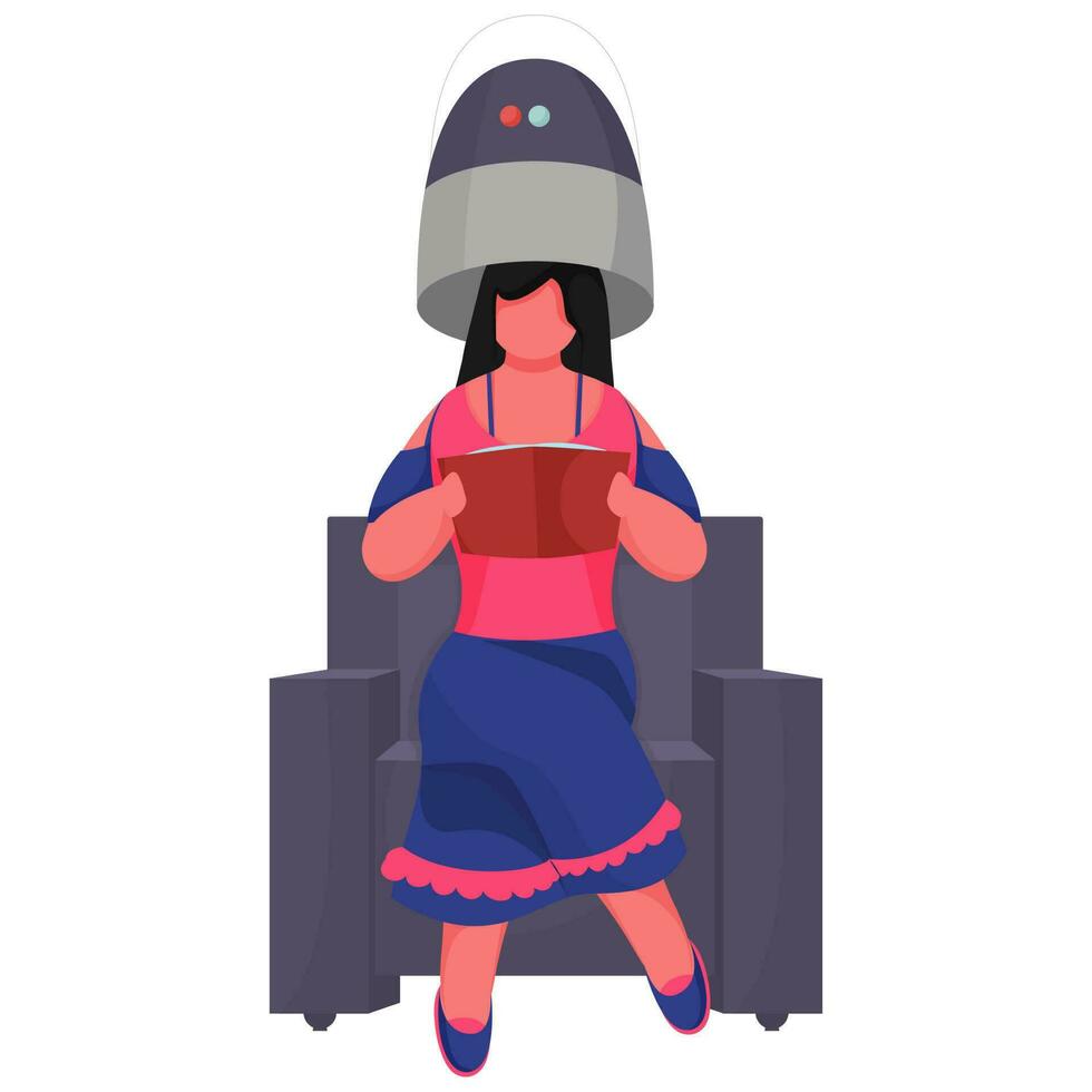 Young Woman Sitting Under Hair Dryer and Read a Book at Sofa. vector