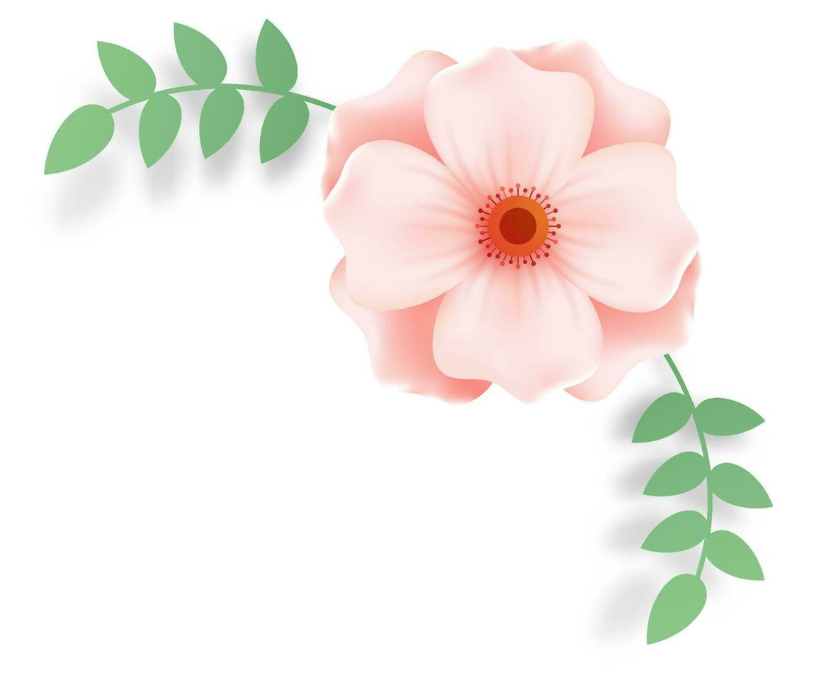 Glossy pink flower with green leaves. vector