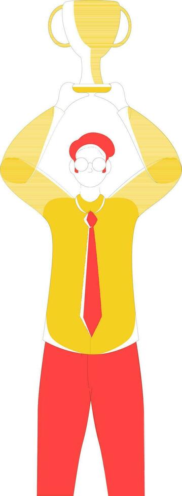 Cartoon student boy or businessman character holding trophy cup. vector