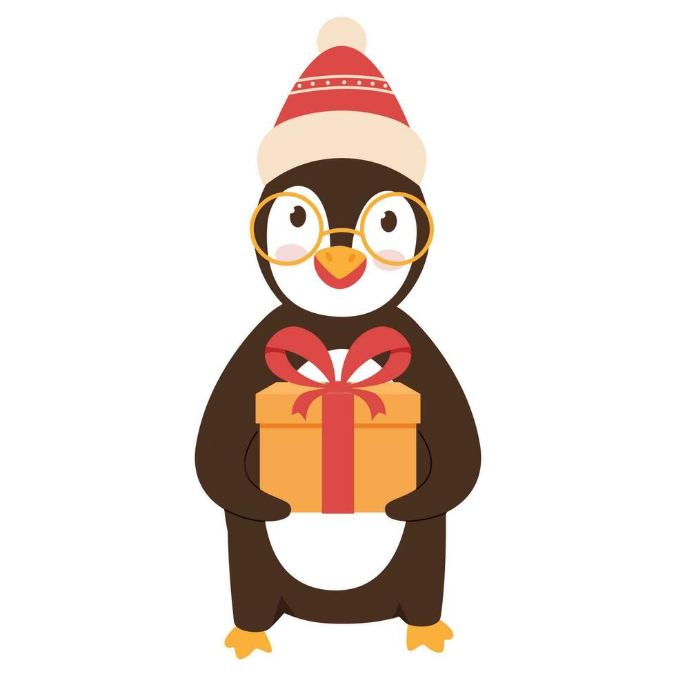 pingüino vestir Papa Noel sombrero y regalo caja en en pie pose. vector