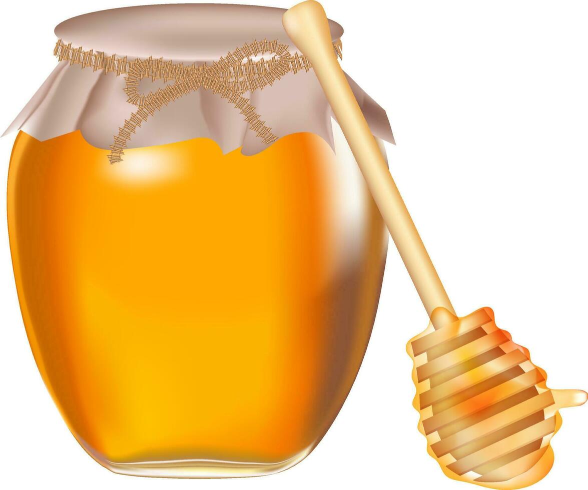 Shiny golden honey jar with dripper. vector