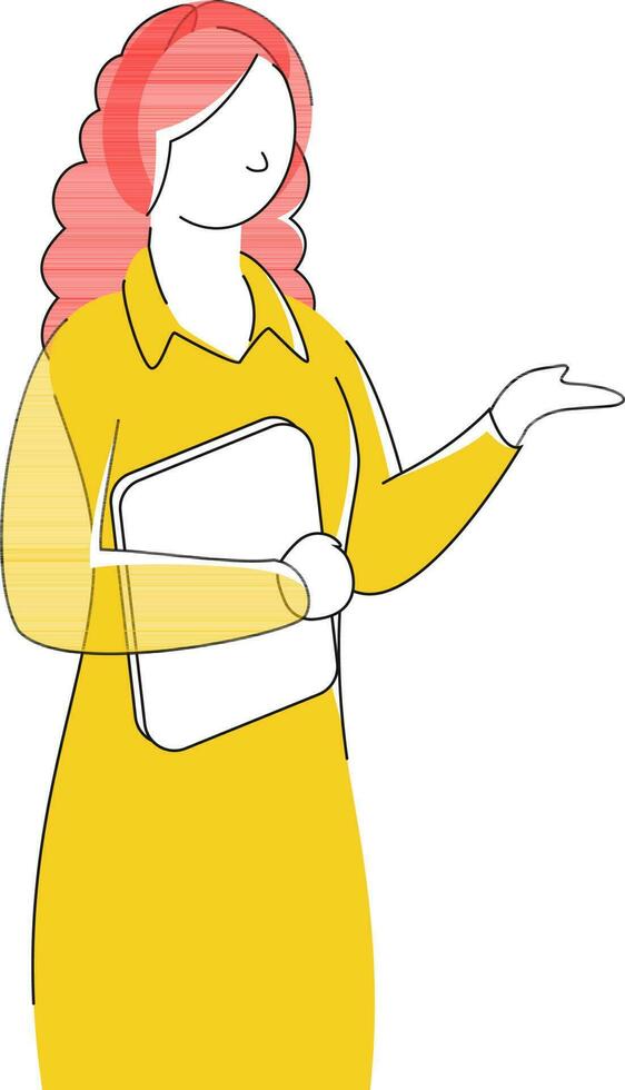 Young woman character holding file book with open hand. vector