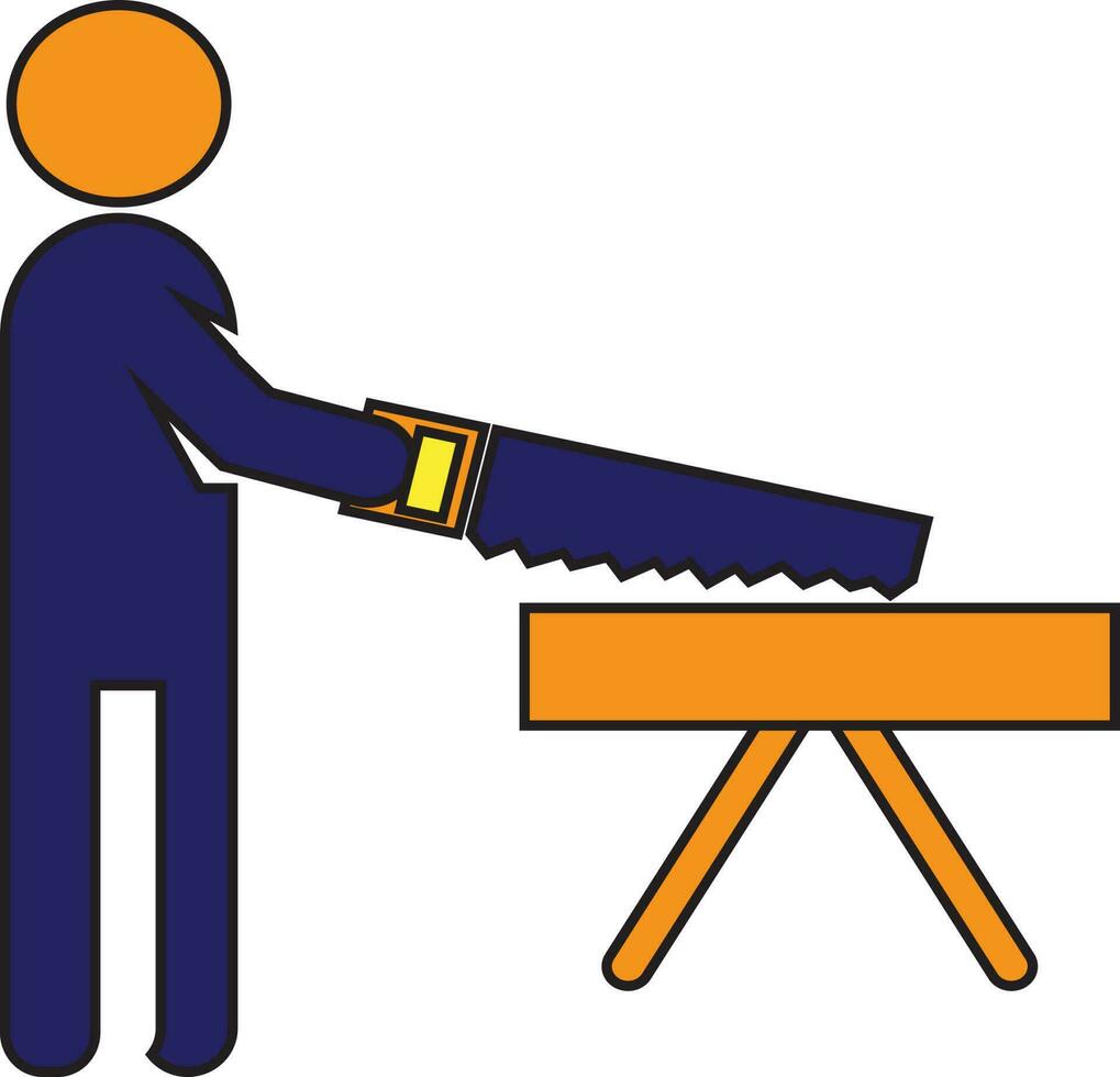 Carpenter holding hand saw and cutting table. vector