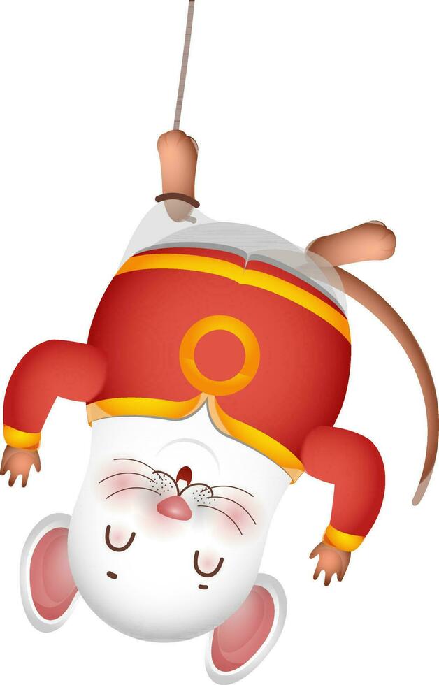 Hang upside down chinese rat cartoon character. vector