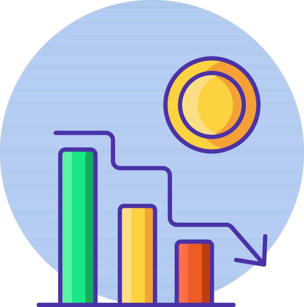 Decrease Money Graph icon on blue round shape. vector