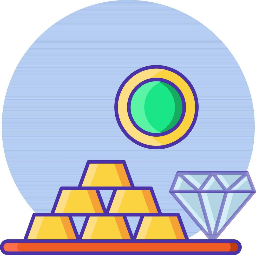 Ingot Sack with Coin and Diamond icon on blue round shape. vector