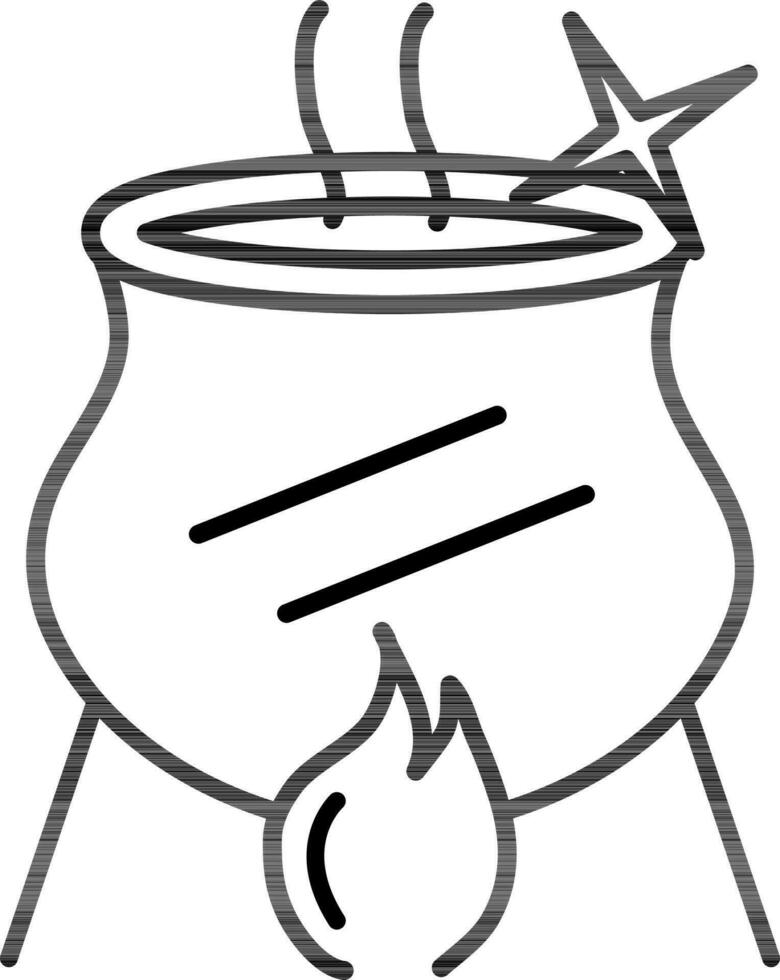 Magic pot on fire icon in black line art. vector