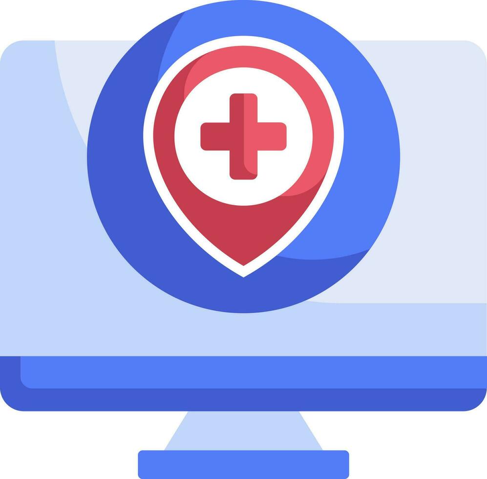 Online location search clinic or hospital with computer icon in red and blue color. vector