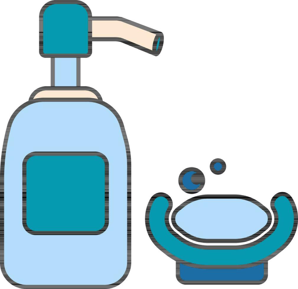 Pump Bottle with Soap Bar Icon in Blue Color. vector
