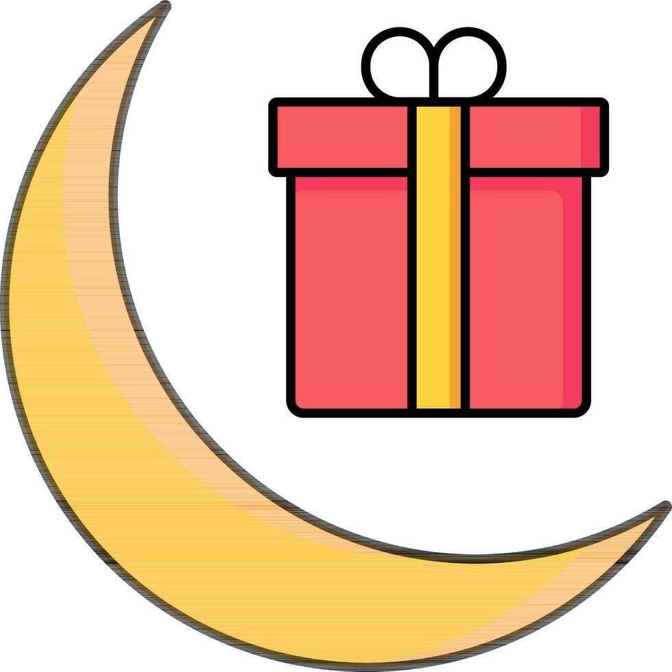 Crescent moon with gift box icon in red and yellow color. vector