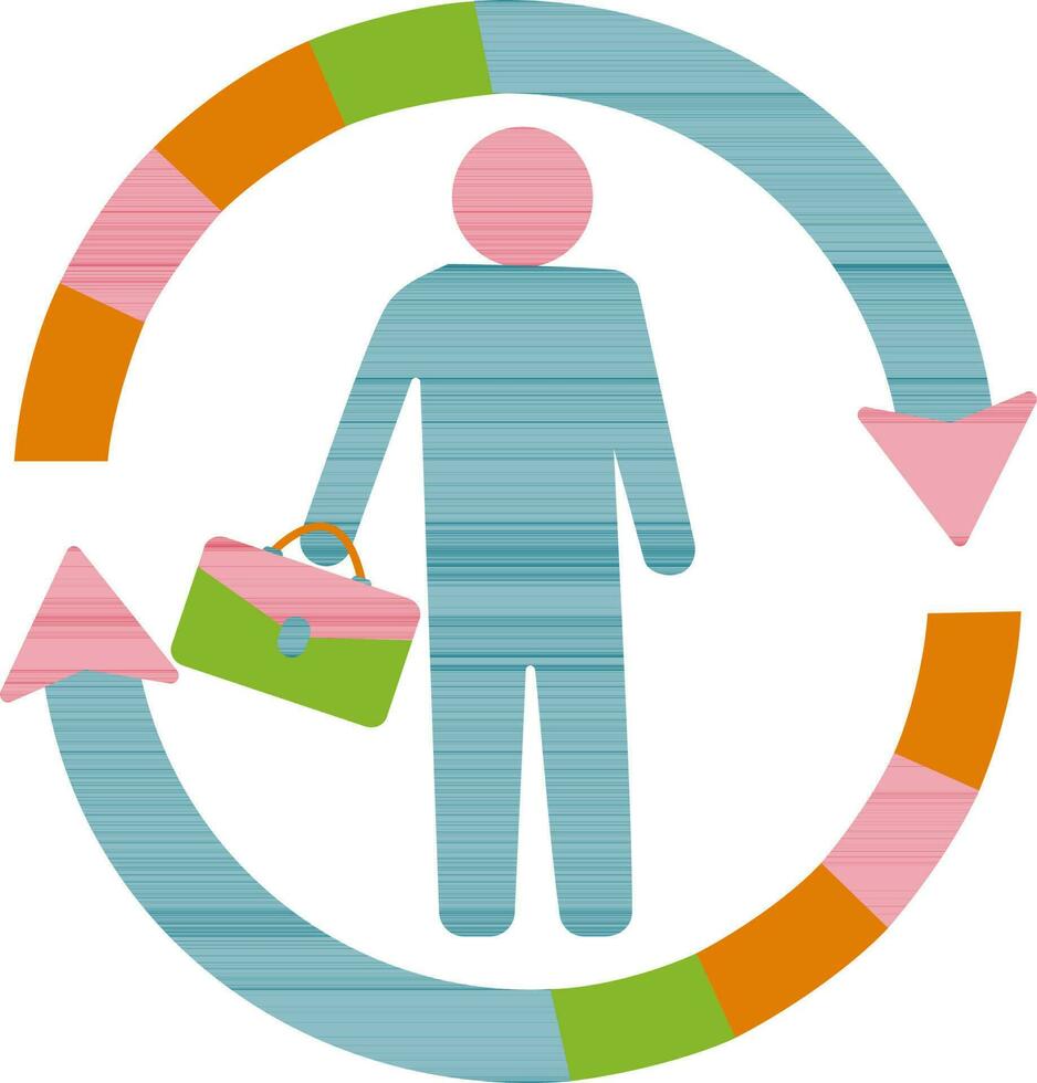 Icon of businessman with suitcase on circular arrow. vector