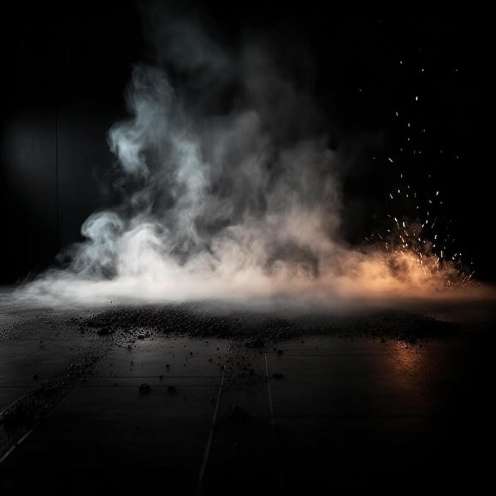 Concrete floor and smoke with sparks in dark photo