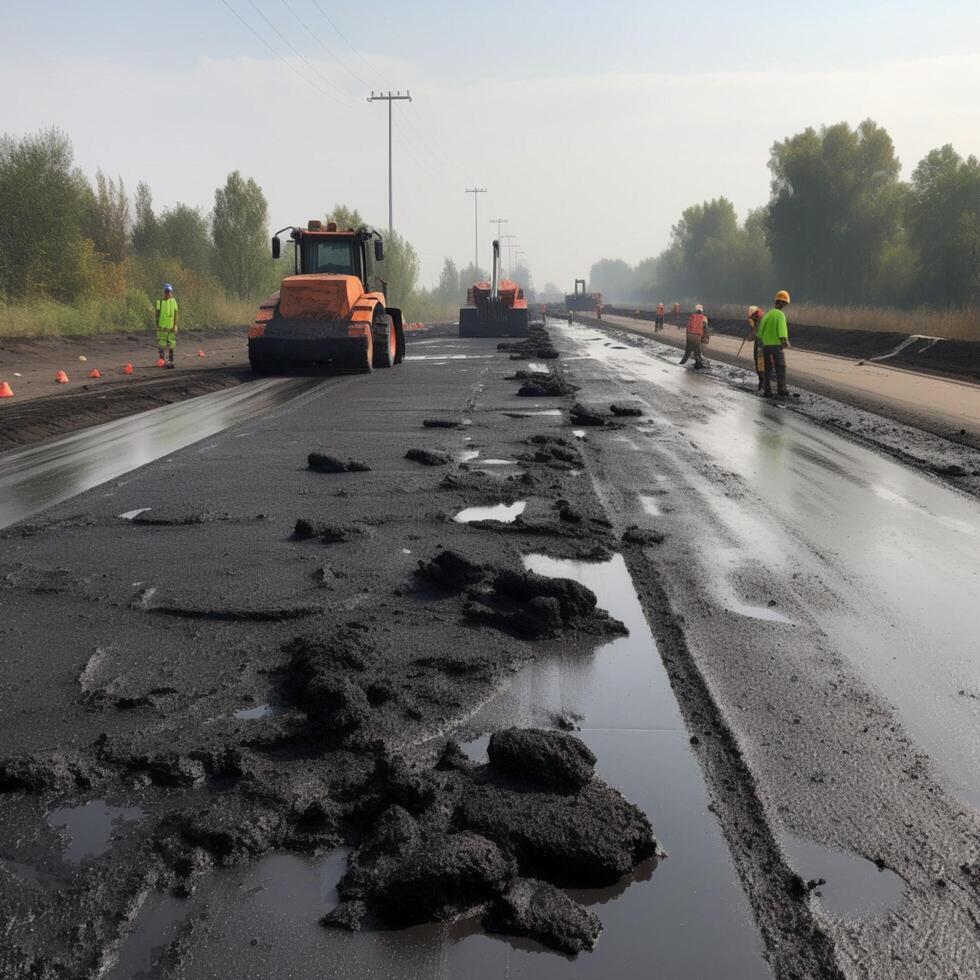 Cleaning of old asphalt road repairing photo