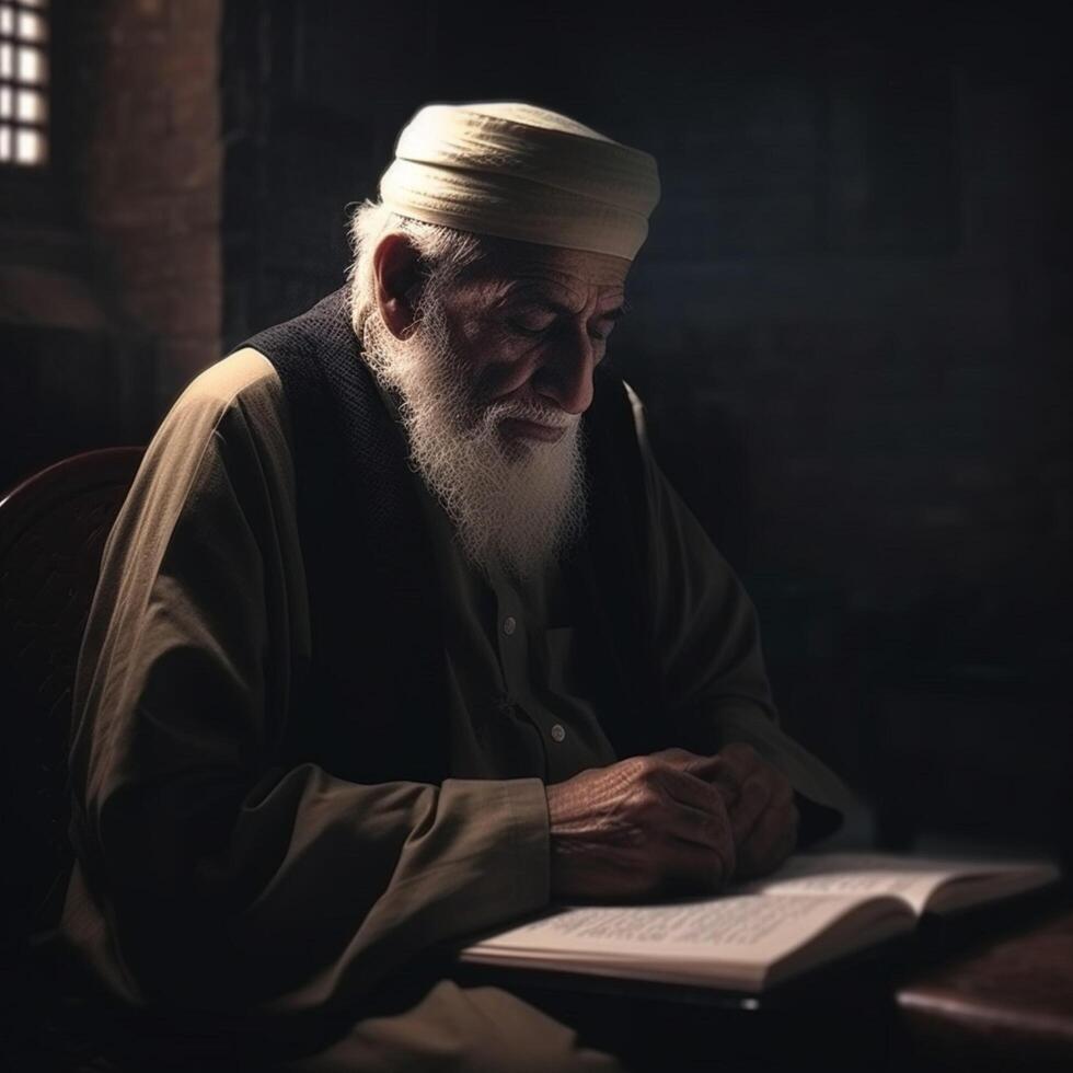 musulmán mayor sentado en mezquita leyendo Corán ai generado foto