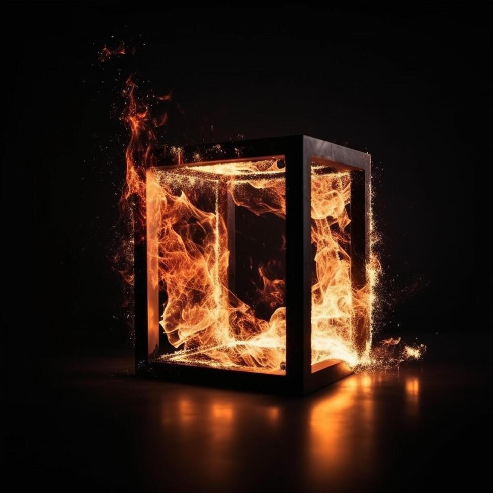 Cube burning fire frame in the dark photo