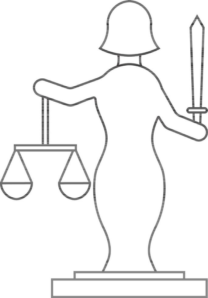 Character of lady justice holding sword and balance scale. vector
