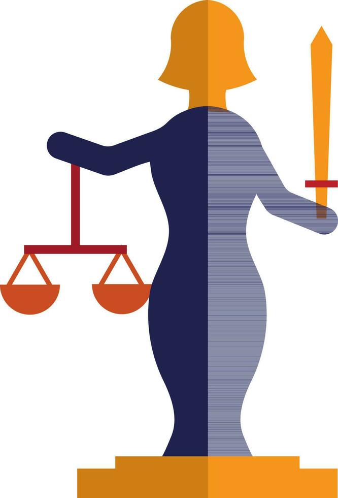 Character of lady justice holding sword and balance scale. vector