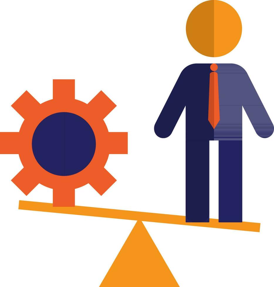 Character of faceless man standing on orange balance scale with cog wheel. vector