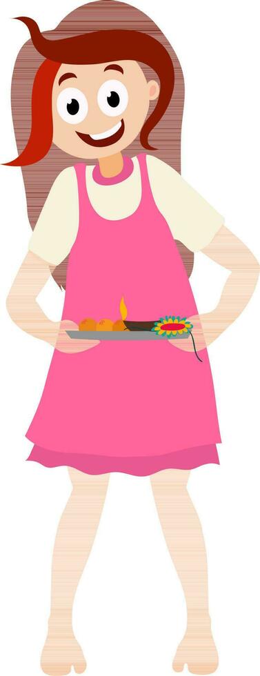 Funny character of a girl holding a plate of Rakhi. vector