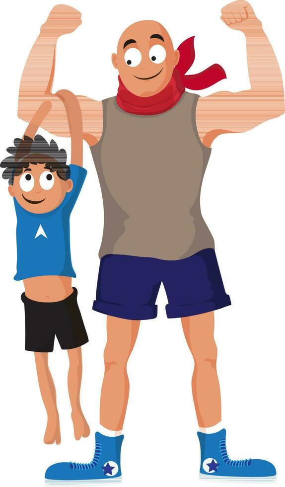 Little boy hanging on his father's strong arm. vector