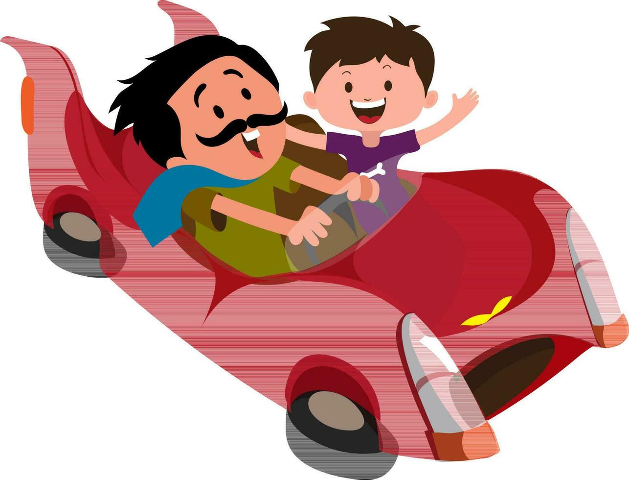 Father and son riding a red car. vector