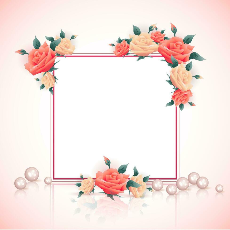 Beautiful rose flowers and leaves decorated frame. vector