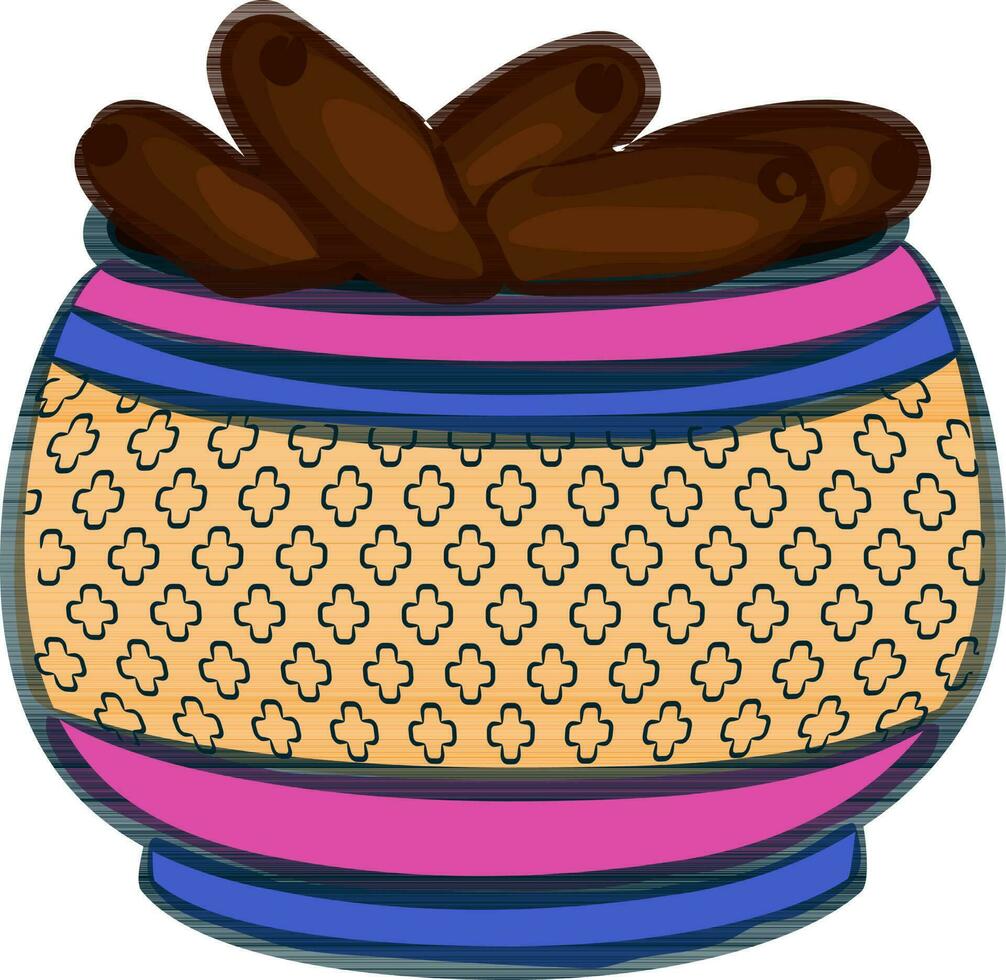 Sweet dates in colorful pot. vector