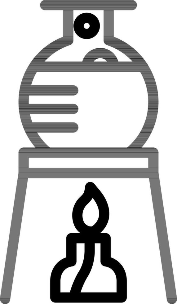 Chemical beaker on burner icon in black line art. vector