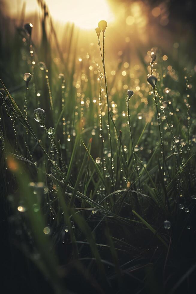 a close up of grass with dew drops on it and a blurry background of the grass and the sun shining through the drops of the grass on the grass is a sunny day light. photo