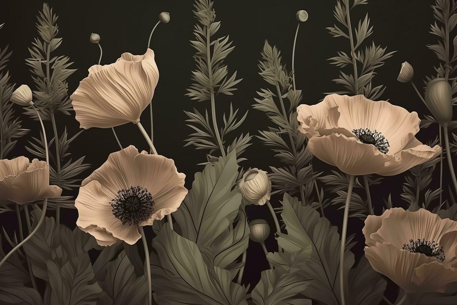 Luxury botanical background with trendy greenery and poppy flower. Vintage foliage background. For wedding invitation, wall art or card template. Minimal line , generate ai photo