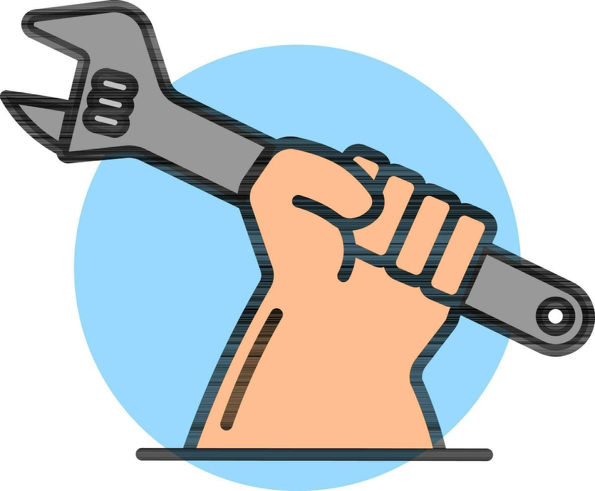Hand holding adjustable wrench icon in flat style. vector