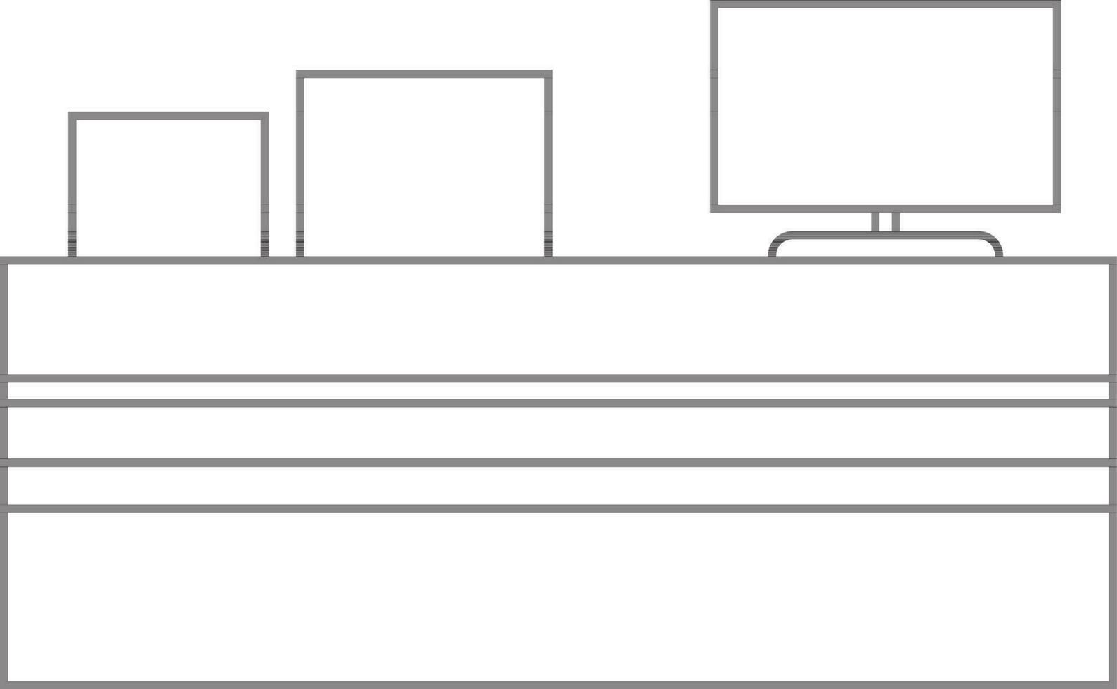 Black line art computer with boxes on desk. vector
