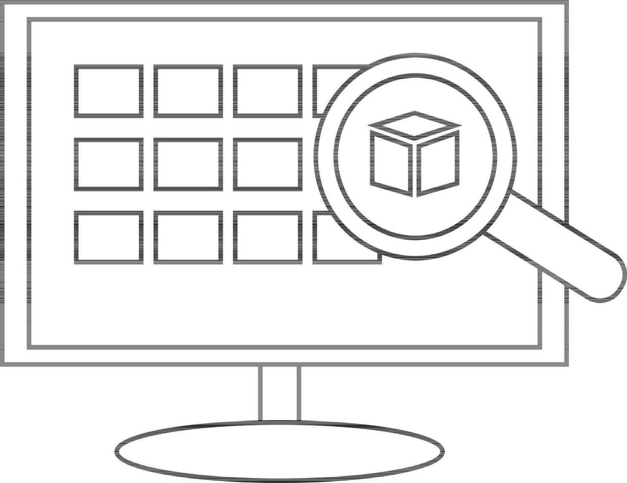 Black line art delivery boxes search in computer. vector