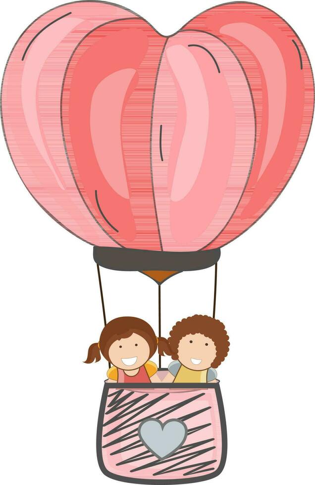 Heart shape hot air balloon with cute kids. vector