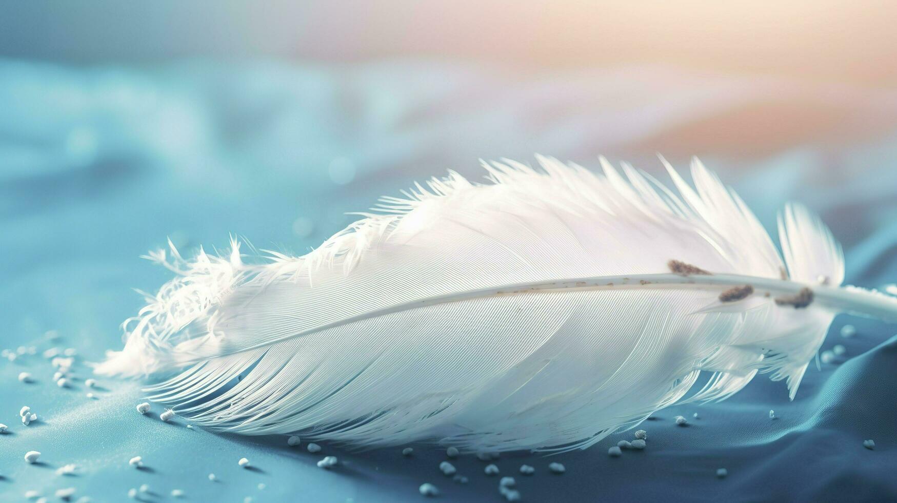 a bright blue background with one white feather, in the style of soft and dreamy pastels, glimmering light effects, nature inspired imagery, fairycore, soft focal points, generate ai photo