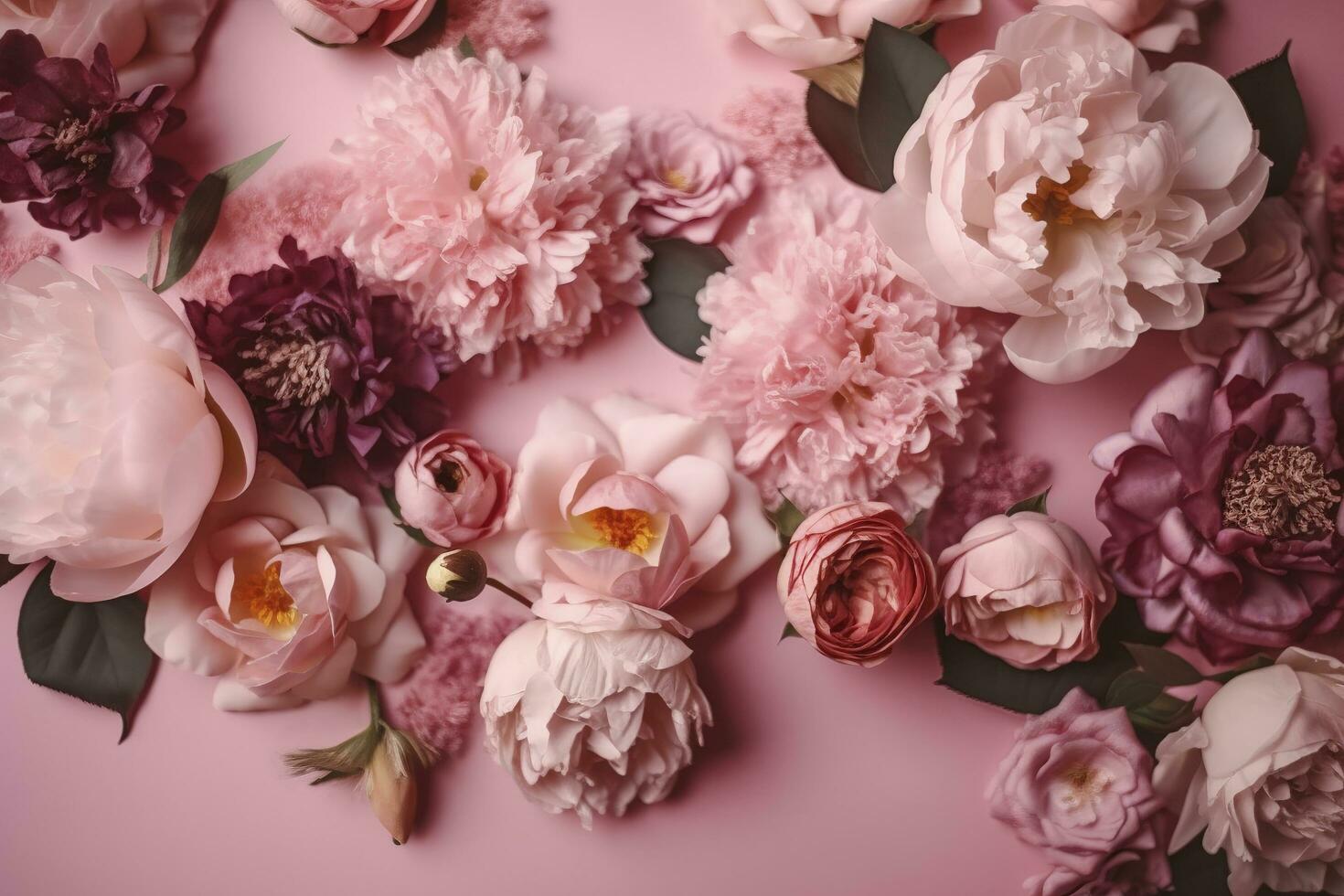 peonias, rosas en rosado antecedentes con Copiar espacio. resumen natural floral marco diseño con texto espacio. romántico femenino composición. Boda invitación , generar ai foto