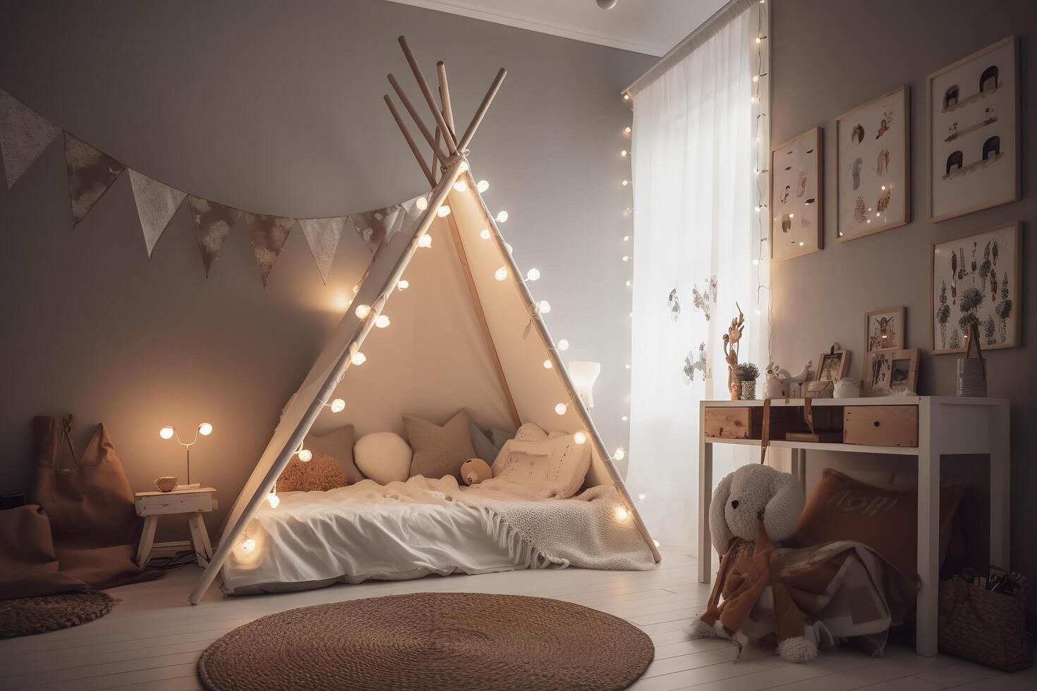Kids bedroom in dark colors. Cozy kids room interior, scandinavian nordic design with light garlands and soft pillows, tent canopy bed. Children room in evening with lights on. image. photo