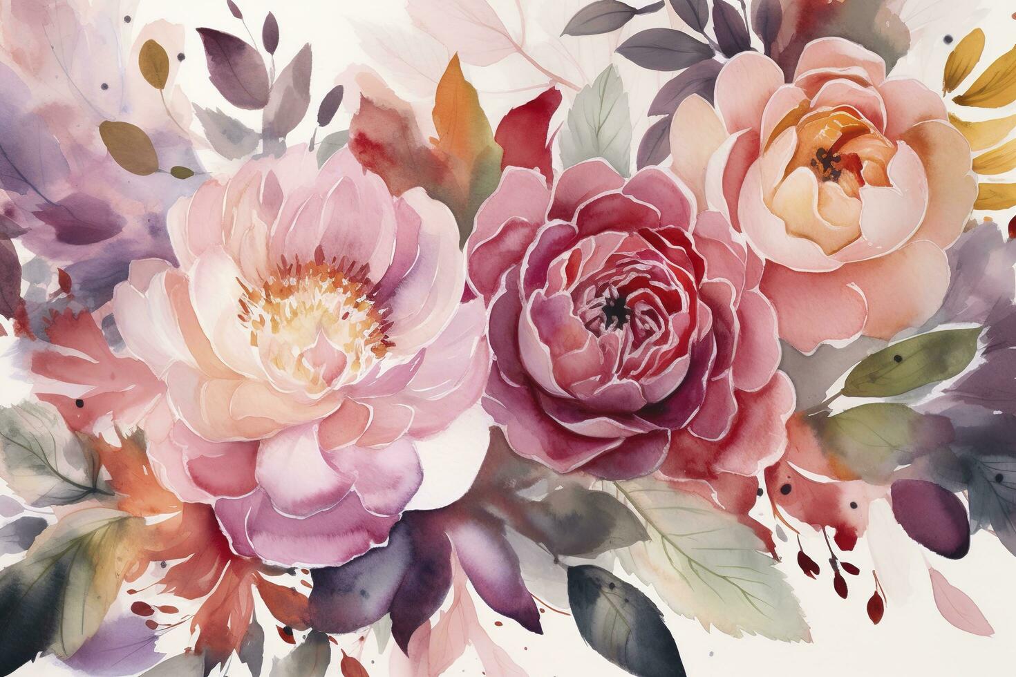 Use watercolor to create a floral still life, arranging different flowers in a vase or on a table and capturing their beauty in a detailed and realistic painting, generate ai photo